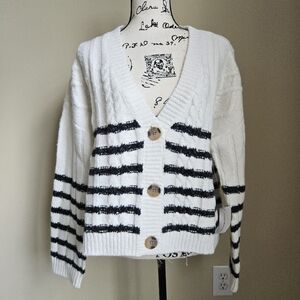 Lucky Brand Cable Knit Cardigan Womens XL Striped Preppy Wool Blend